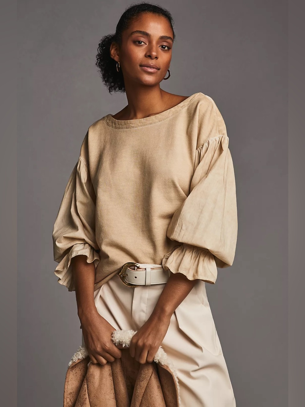 Anthropologie Pilcro Mixed-Media Pullover Light Tan XS Cottagecore Boho romantic